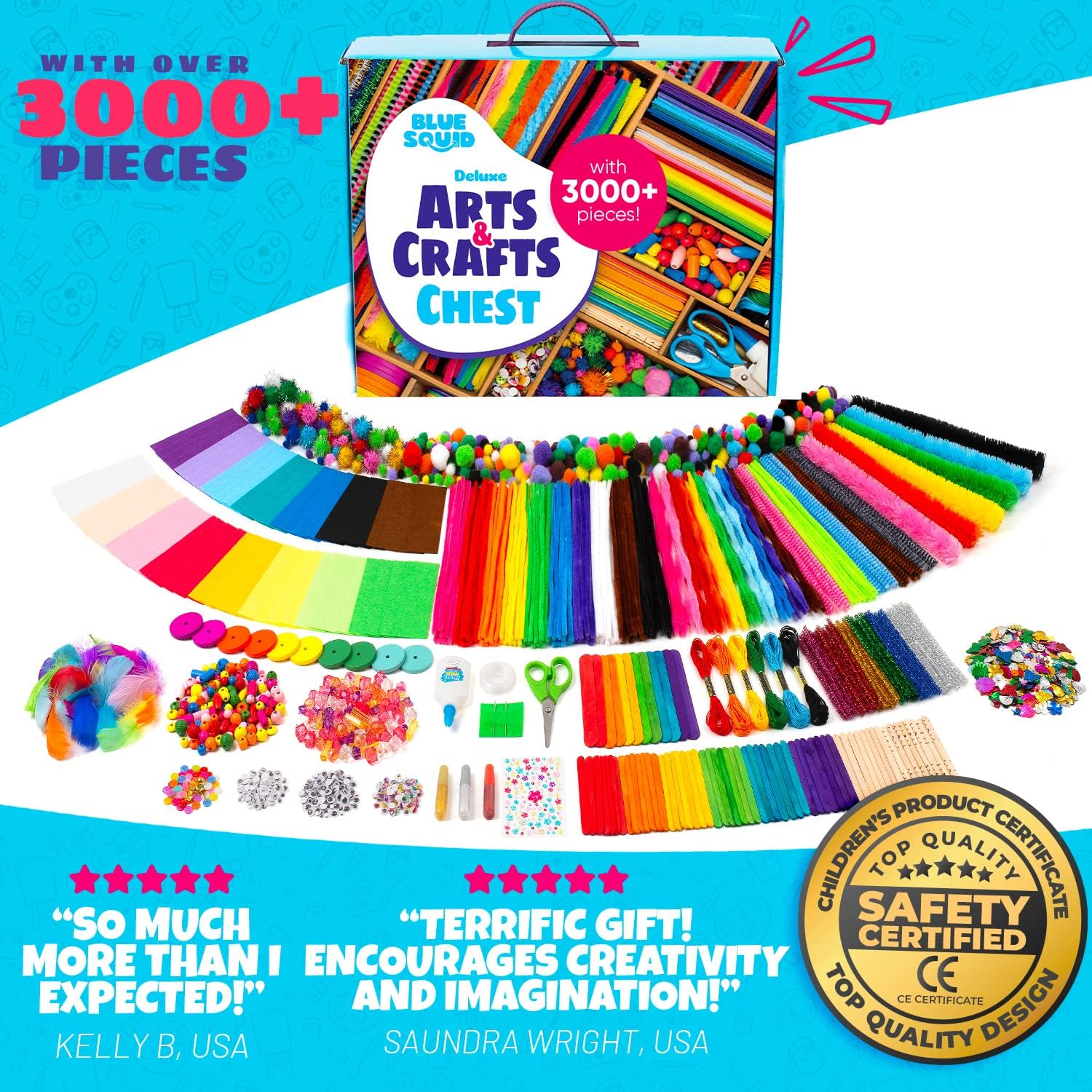 Blue Squid Craft Supplies for Kids - 3000+pcs in The Ultimate Arts and Crafts Box - This Deluxe Art Supply Kit & Craft Set is Perfect for Young Artists of Ages 4,5,6,7,8,9,10,11,12-1