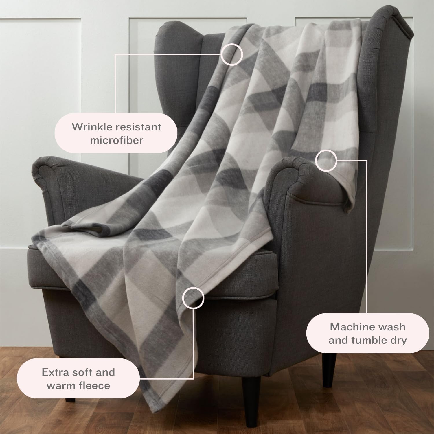 Dreamscene Winter Check Fleece Blanket Super Soft Warm Cosy Sofa Bed Picnic Garden Throw Over, Plaid Tartan Grey White - 120 x 150cm-4