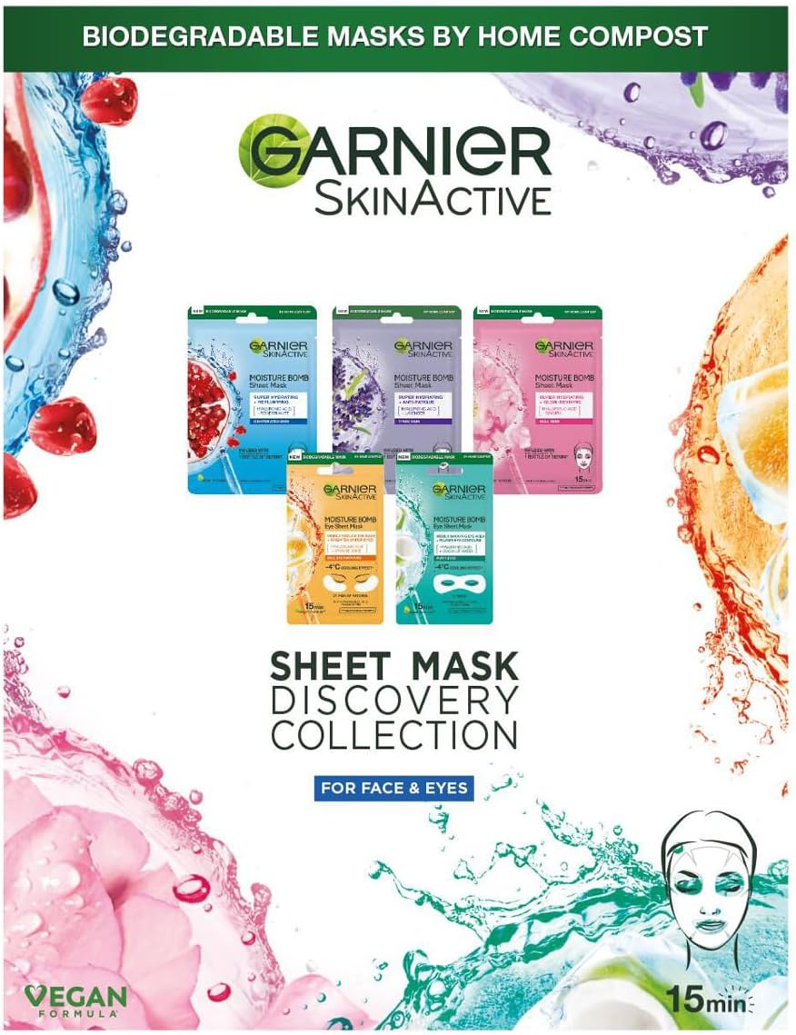 Garnier Sheet Mask Discovery Collection, Face & Eye Sheet Masks for Dehydrated, Dull and Tired Skin, With Hyaluronic Acid and Glycerine, Skin Active, Pack of 5-0