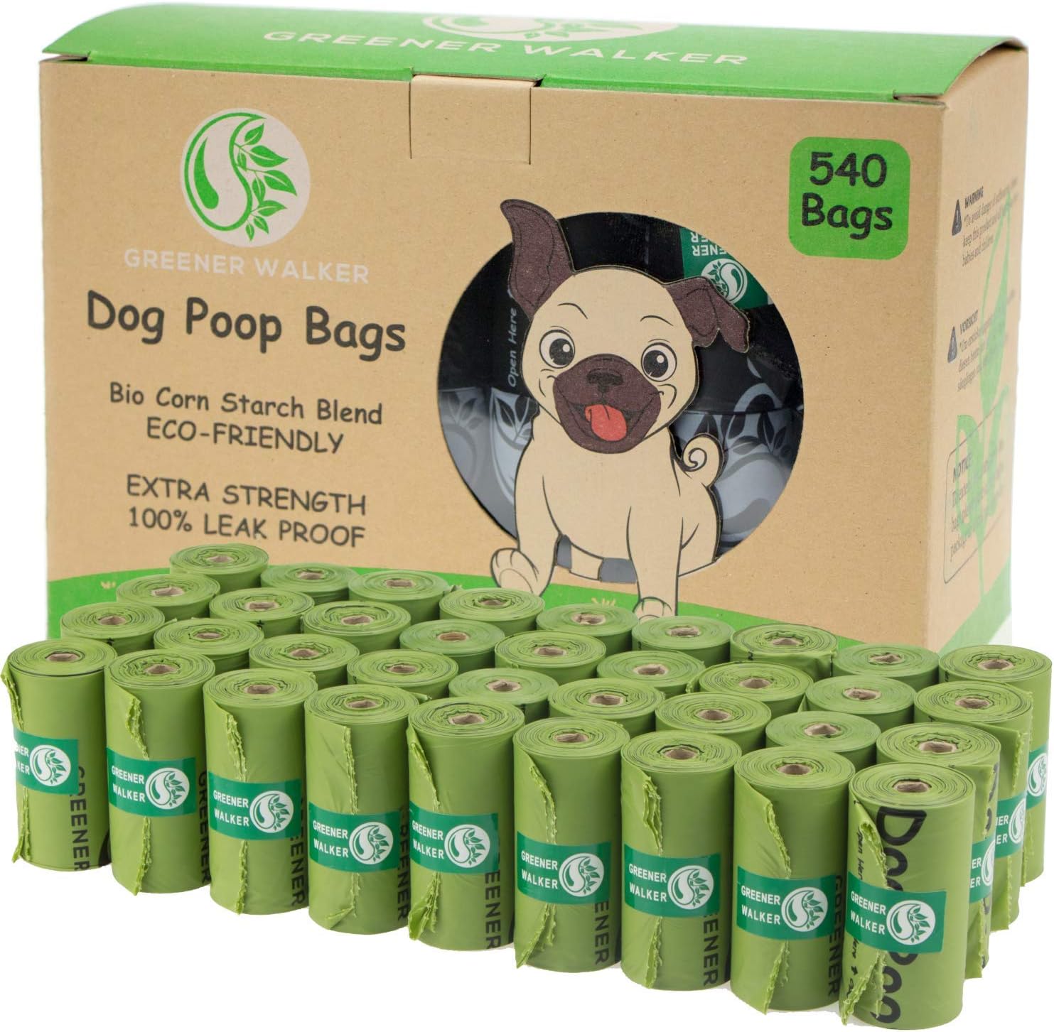 GREENER WALKER Poo Bags for Dog Waste, 540 Extra Thick Strong 100% Leak Proof Biodegradable Dog Poo Bags (Green)-0