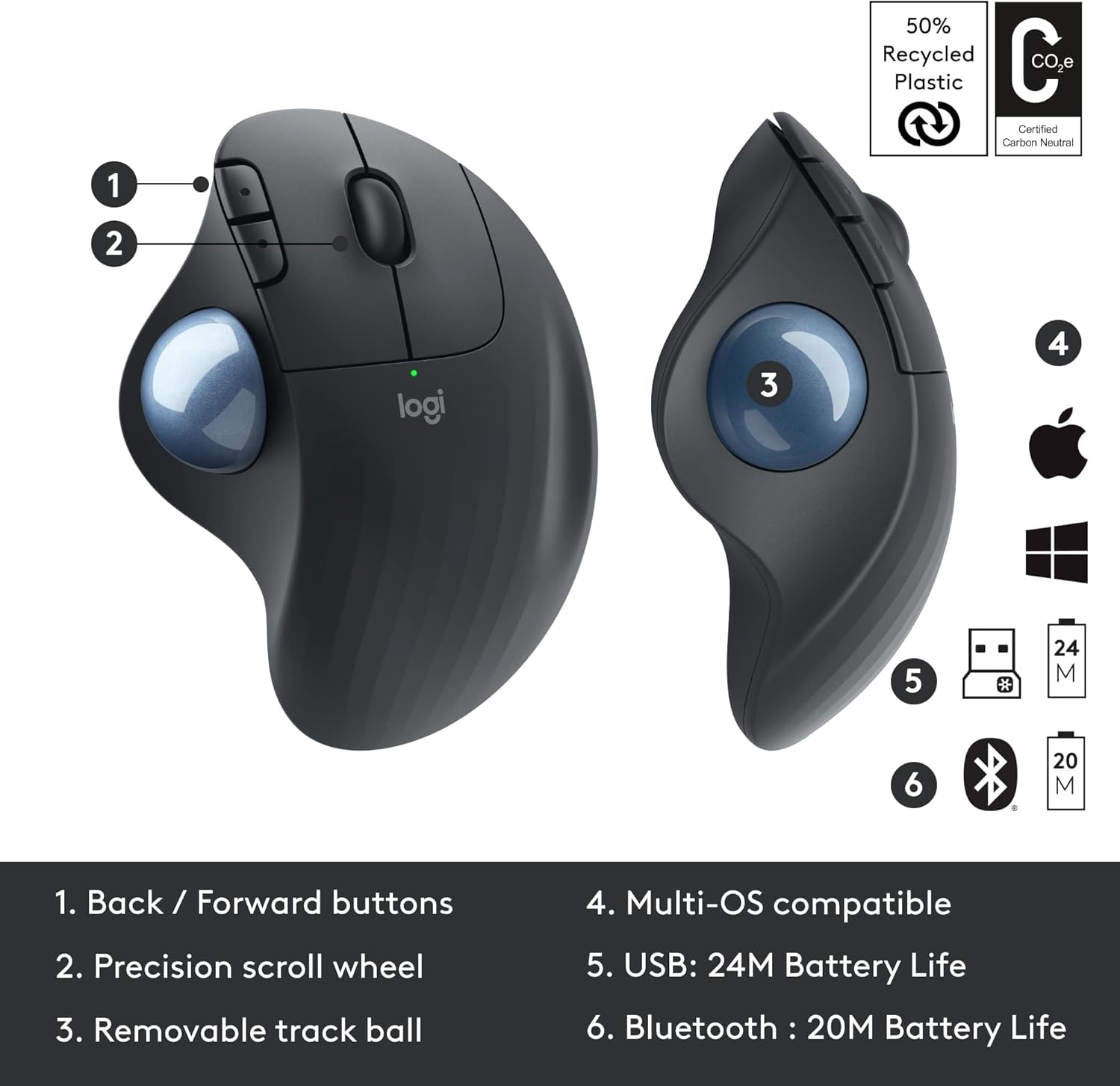 Logitech ERGO M575 The wireless mouse with trackball, easy thumb control, precision reading and smooth reading, ergonomic convenience, Windows/Mac, Bluetooth, USB - Graphite-6