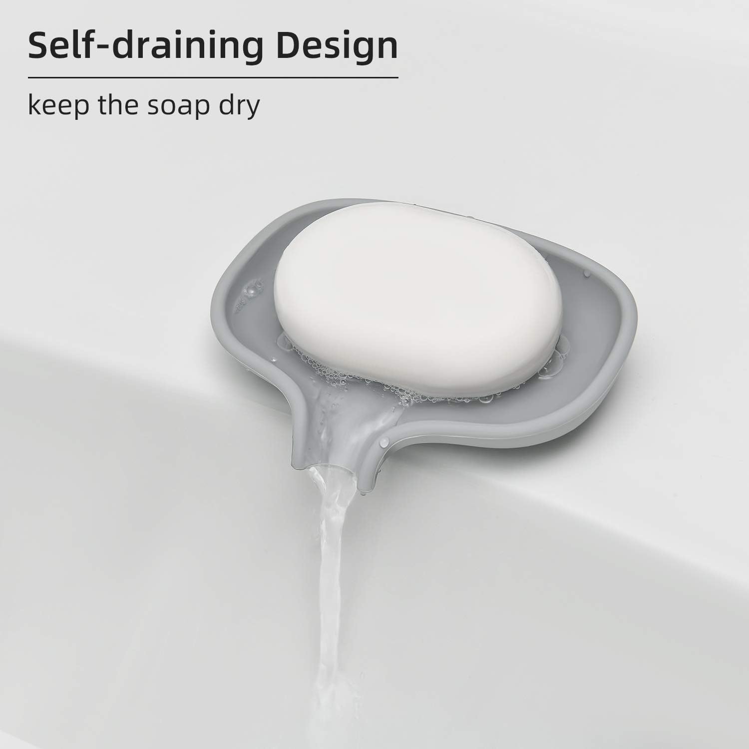 SUBEKYU Silicone Soap Dish with Drain, Bar Soap Holder for Shower/Bathroom, Self Draining Waterfall Soap Tray to Keep Soap Dry Clean, 2 Pcs (Gray + White)-1