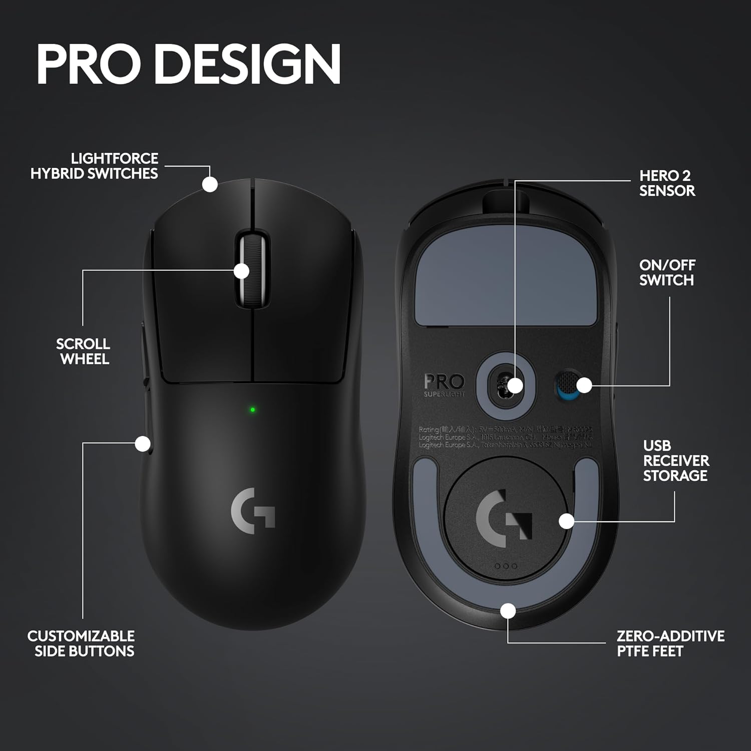 Logitech G PRO X SUPERLIGHT 2 LIGHTSPEED Wireless Gaming Mouse, Lightweight, 4K polling, LIGHTFORCE Hybrid Switches, HERO 2 Sensor, 32,000 DPI, 5 Programmable Buttons, USB-C Charging, PC, Mac - Black-6