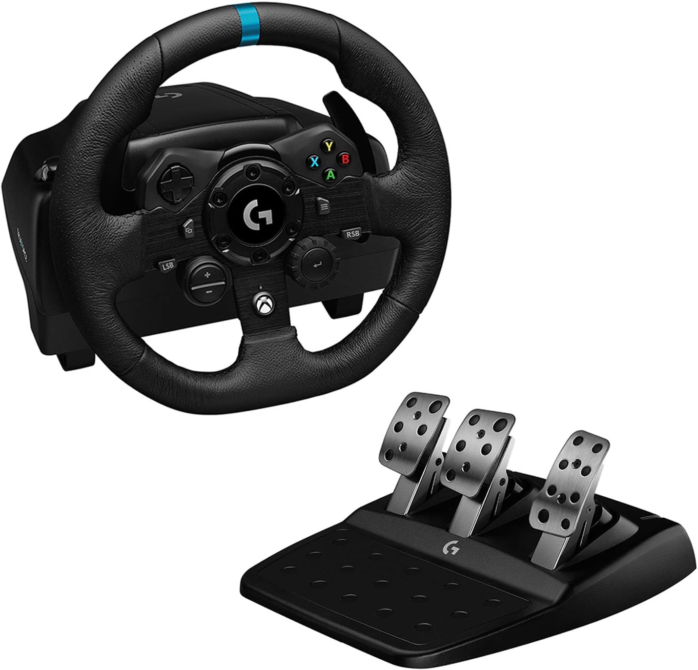 Logitech G G923 Racing Wheel and Pedals, TRUEFORCE up to 1000 Hz Force Feedback, Responsive Pedal, Dual Clutch Launch Control, Genuine Leather Wheel Cover, for Xbox Series X|S|One, PC - Black-0