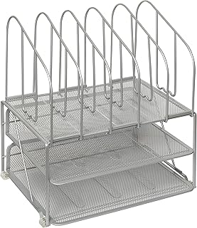 Amtido Letter Tray Desk Organiser 2 Tier with 5 File Folder Holder Slots – Suitable for Home or Office Paper Document and Stationery Organisation - Metal Mesh - Silver