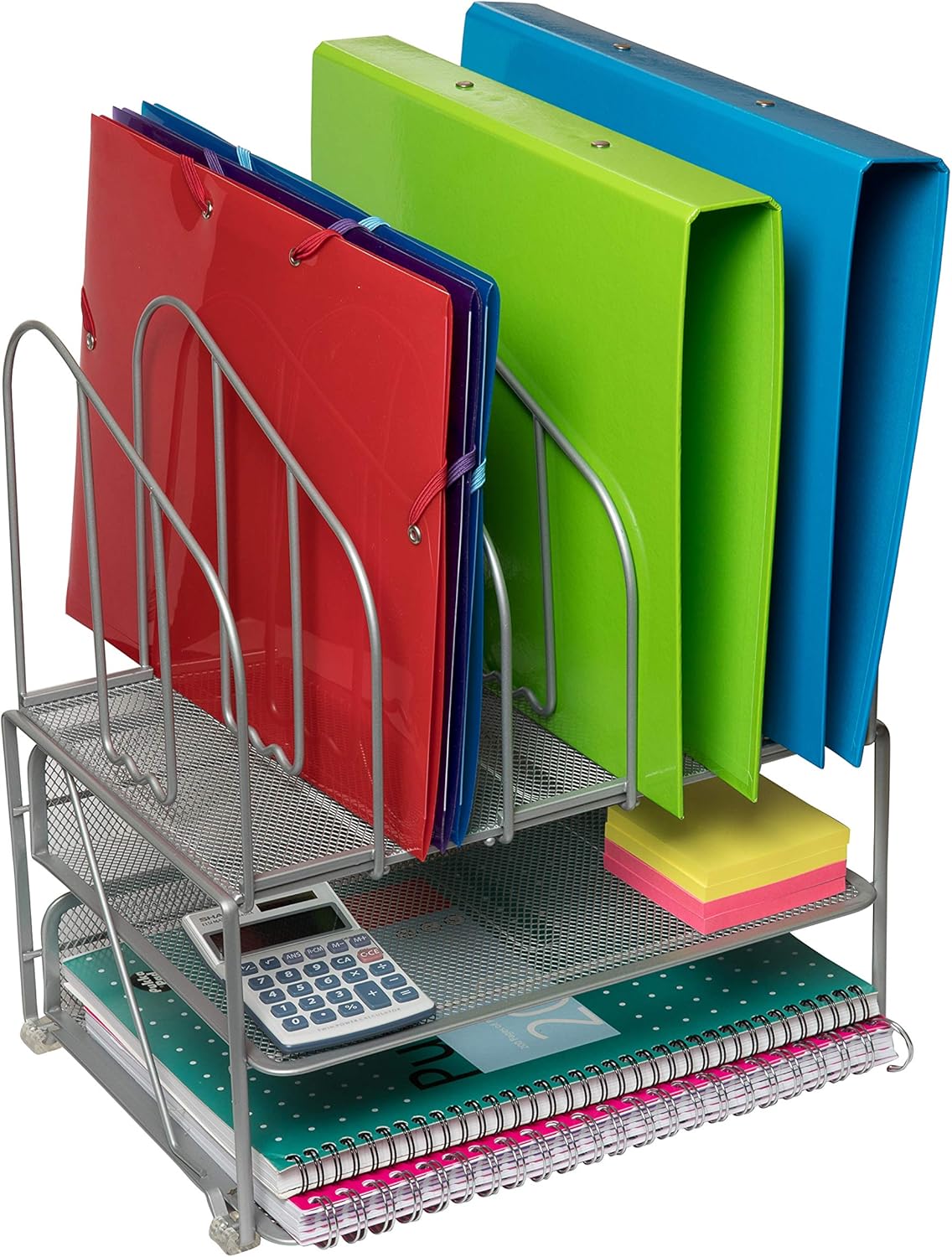 Amtido Letter Tray Desk Organiser 2 Tier with 5 File Folder Holder Slots – Suitable for Home or Office Paper Document and Stationery Organisation - Metal Mesh - Silver-1