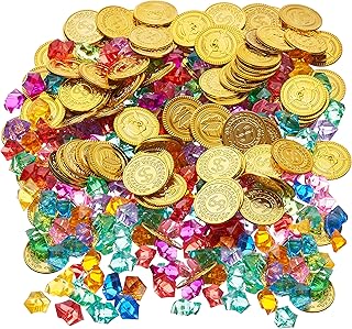 THE TWIDDLERS - 300 Pirate Treasure Kids Set - 150 Gold Coins & 150 Gems Party Fillers, Perfect for a Pretend Treasure Hunt Kit, Pirate Party Bag Fillers for Kids, Pirate Coins and Gems for Kids