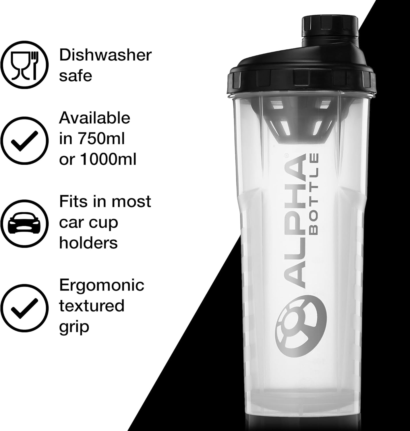 Alpha Designs | Protein Shaker Bottle | 750ml Gym Cup | for Protein Powder Shakes & Sports Supplements | Pre Workout Mixer | BPA Free | 0.75L | Clear-1