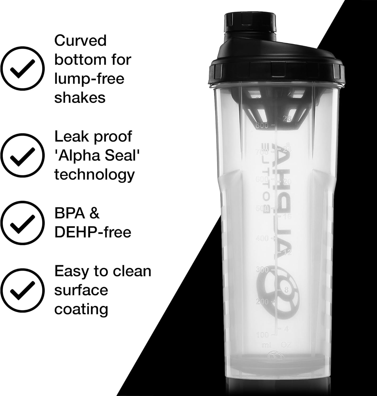 Alpha Designs | Protein Shaker Bottle | 750ml Gym Cup | for Protein Powder Shakes & Sports Supplements | Pre Workout Mixer | BPA Free | 0.75L | Clear-2