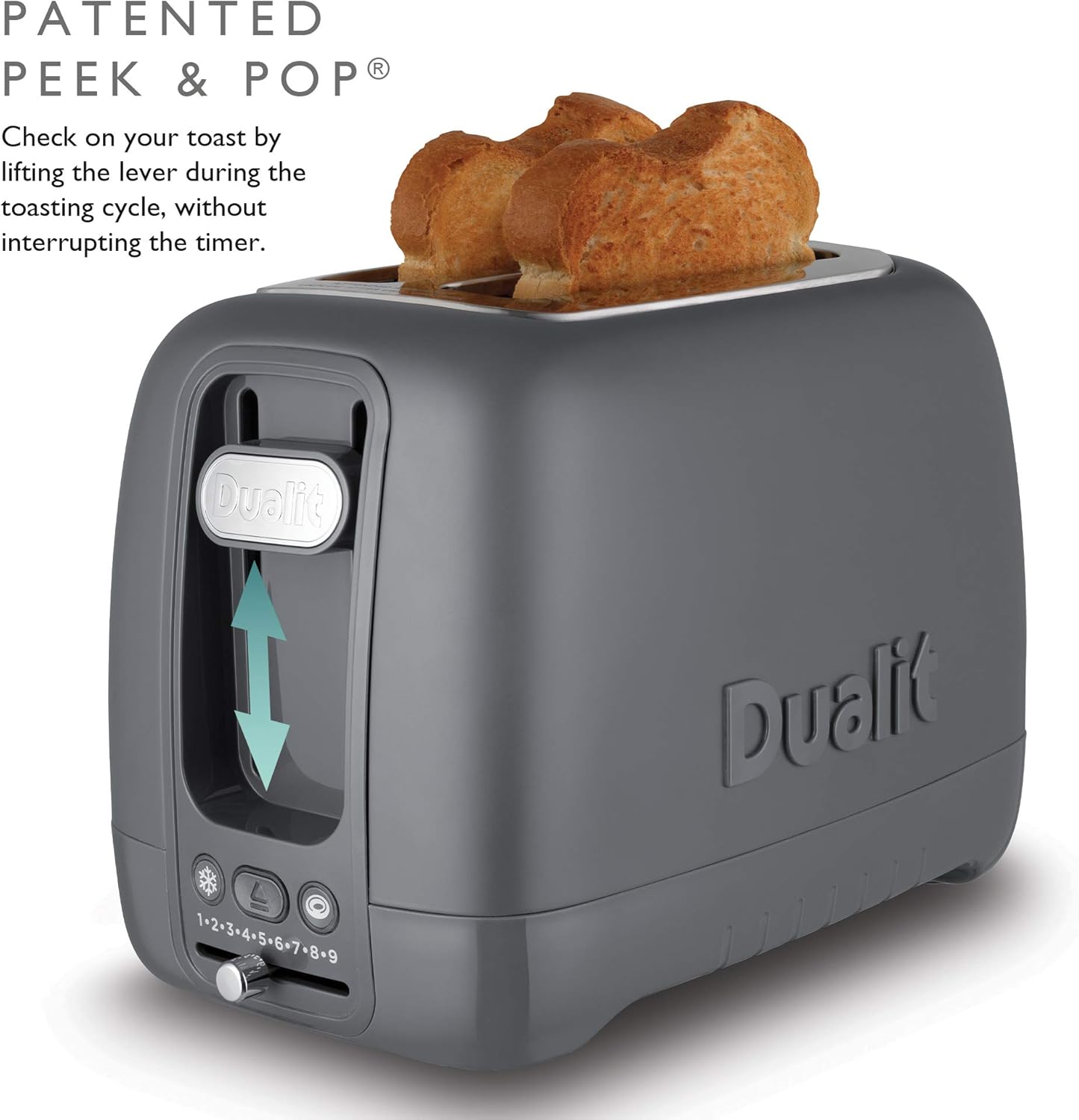 Dualit 2 Slice Domus Toaster | Grey | Extra Long Slots For Large Bread Slices – Bagel & Defrost Settings - Peek & Pop Function | Matching Domus Kettle & Sandwich Cage Available-2