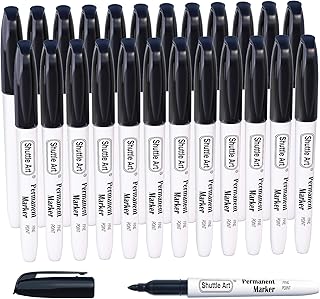 Shuttle Art Black Permanent Markers, 24 Pack Fine Point Permanent Marker Pens Set, Perfect on Plastic, Wood, Stone, Metal and Glass for Doodling, Colouring, Marking, Office School Supplies