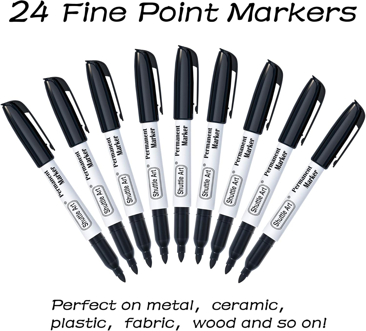 Shuttle Art Black Permanent Markers, 24 Pack Fine Point Permanent Marker Pens Set, Perfect on Plastic, Wood, Stone, Metal and Glass for Doodling, Colouring, Marking, Office School Supplies-1