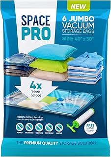 6 Pack Jumbo Vacuum Compressed Storage Bag, 100 x 75cm Reusable Clothes Storage Bags,Space Saver Bags for Bedding, Curtains, Pillows, Clothing, Hand Pump Included