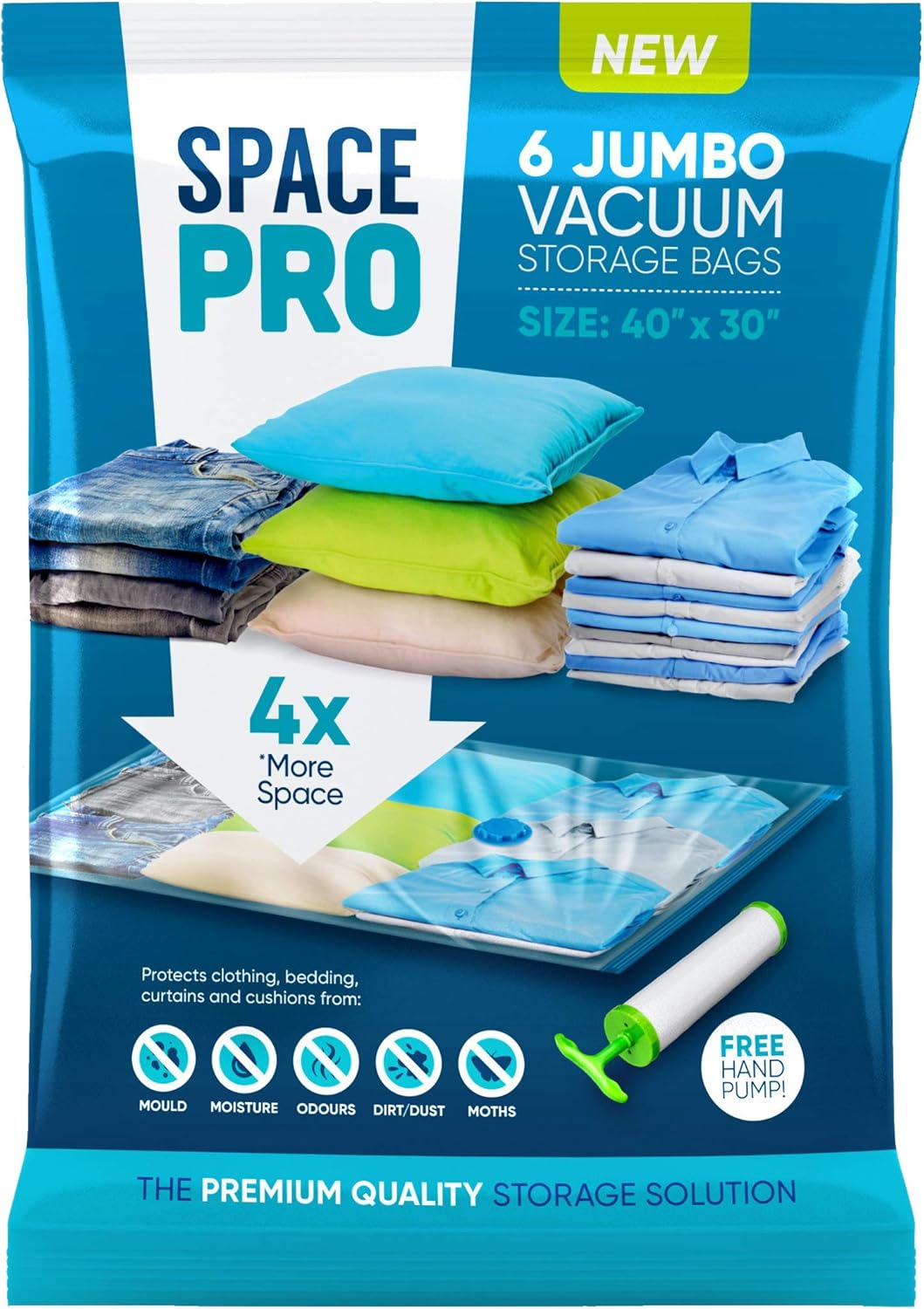 6 Pack Jumbo Vacuum Compressed Storage Bag, 100 x 75cm Reusable Clothes Storage Bags,Space Saver Bags for Bedding, Curtains, Pillows, Clothing, Hand Pump Included-0