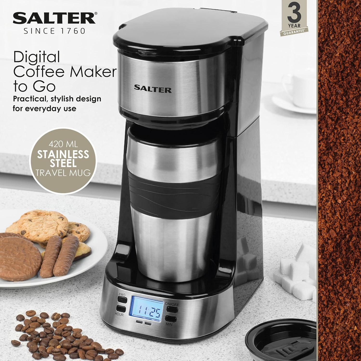 Salter EK2732 Personal Coffee Machine - One Cup Filter Coffee Maker, Includes 420ml Stainless Steel Travel Mug Removable & Washable Filter, Brew Coffee In 3-4 Mins, Compatible With Ground Coffee, 750W-1