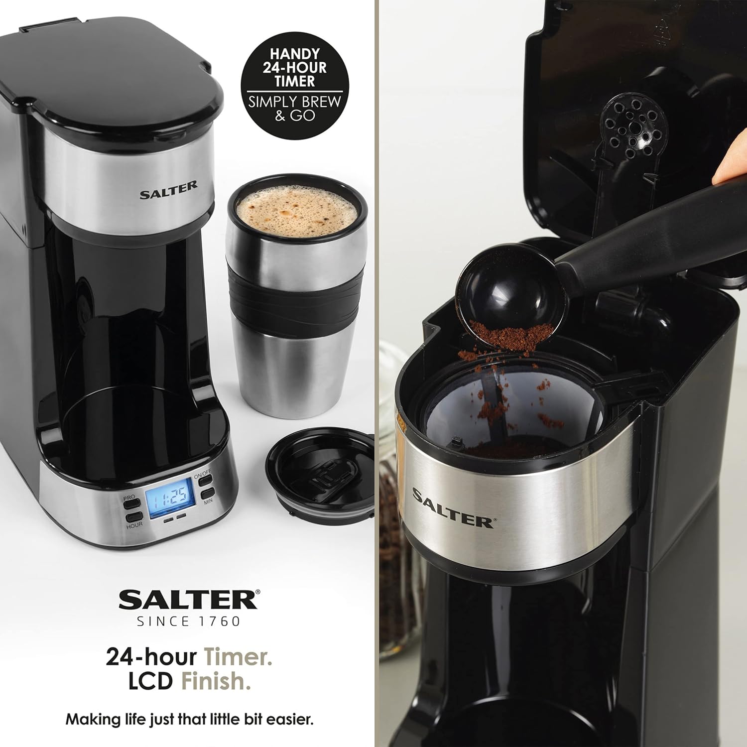 Salter EK2732 Personal Coffee Machine - One Cup Filter Coffee Maker, Includes 420ml Stainless Steel Travel Mug Removable & Washable Filter, Brew Coffee In 3-4 Mins, Compatible With Ground Coffee, 750W-3