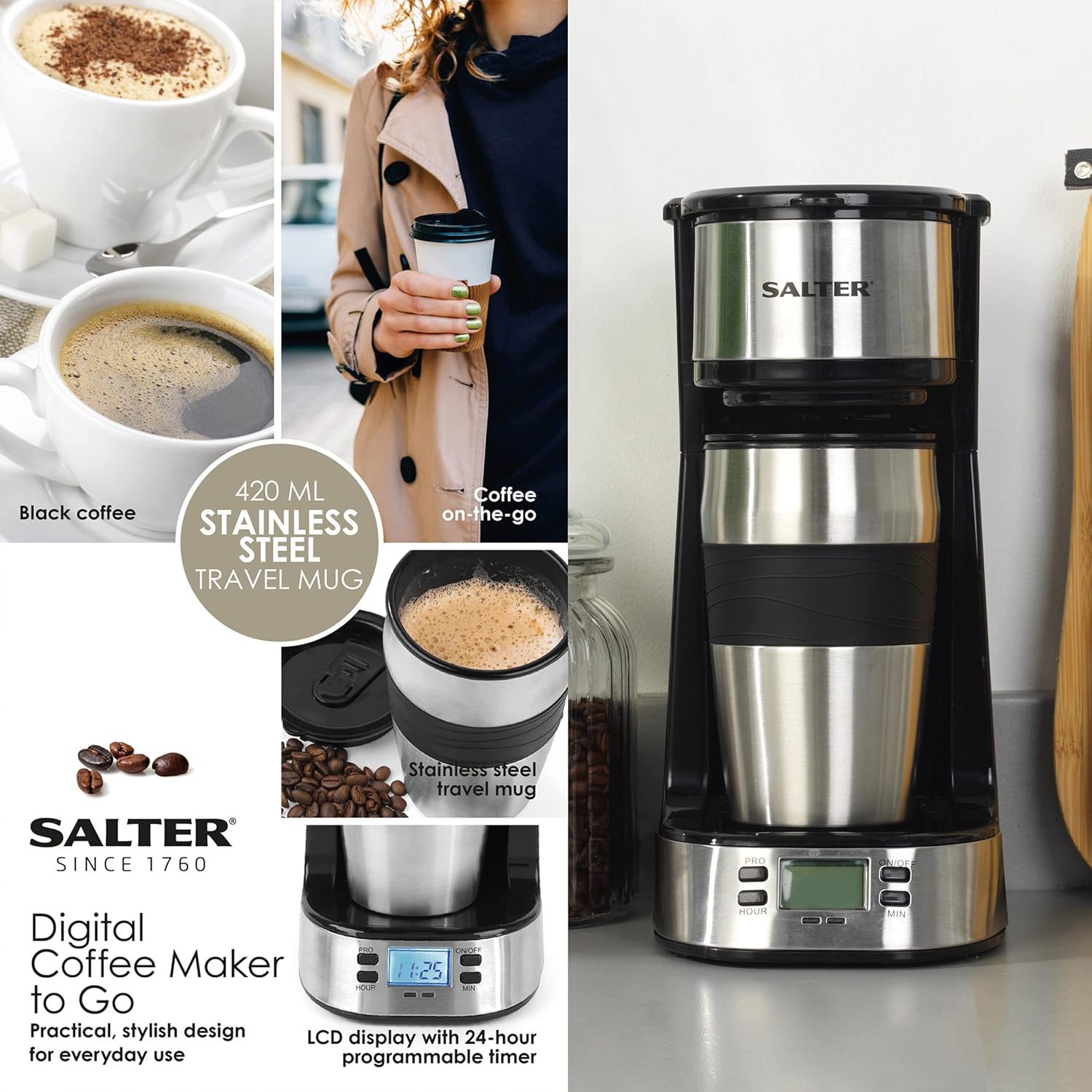 Salter EK2732 Personal Coffee Machine - One Cup Filter Coffee Maker, Includes 420ml Stainless Steel Travel Mug Removable & Washable Filter, Brew Coffee In 3-4 Mins, Compatible With Ground Coffee, 750W-4