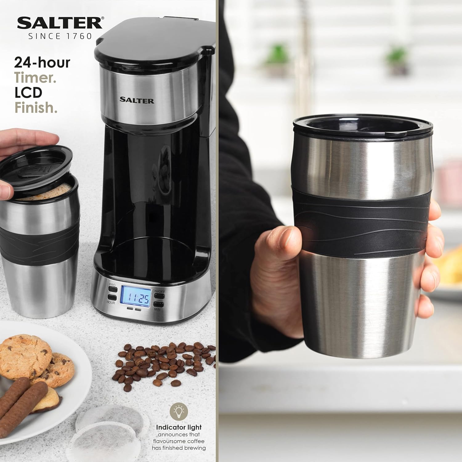 Salter EK2732 Personal Coffee Machine - One Cup Filter Coffee Maker, Includes 420ml Stainless Steel Travel Mug Removable & Washable Filter, Brew Coffee In 3-4 Mins, Compatible With Ground Coffee, 750W-5