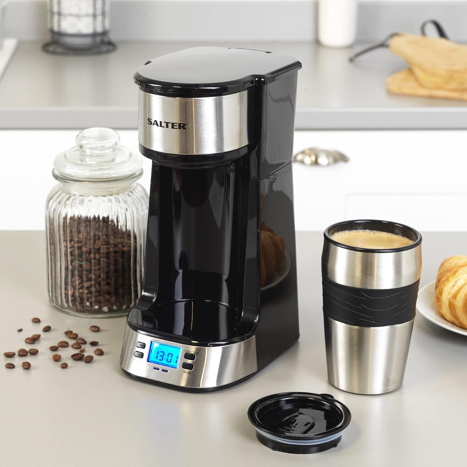 Salter EK2732 Personal Coffee Machine - One Cup Filter Coffee Maker, Includes 420ml Stainless Steel Travel Mug Removable & Washable Filter, Brew Coffee In 3-4 Mins, Compatible With Ground Coffee, 750W-6