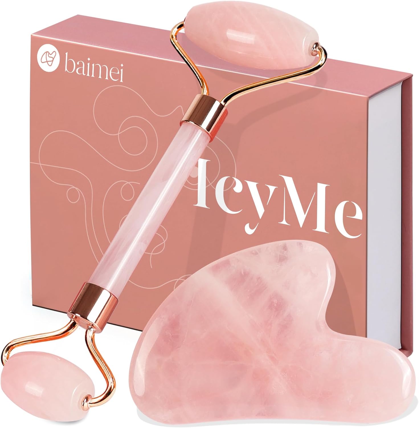 BAIMEI Gua Sha & Jade Roller,Gua Sha Stone, Guasha Tool face, Self Care Gift for Women and Men, Massager for Face, Eyes, Neck, Face Care, Christmas Day Gift - Rose Quartz-0