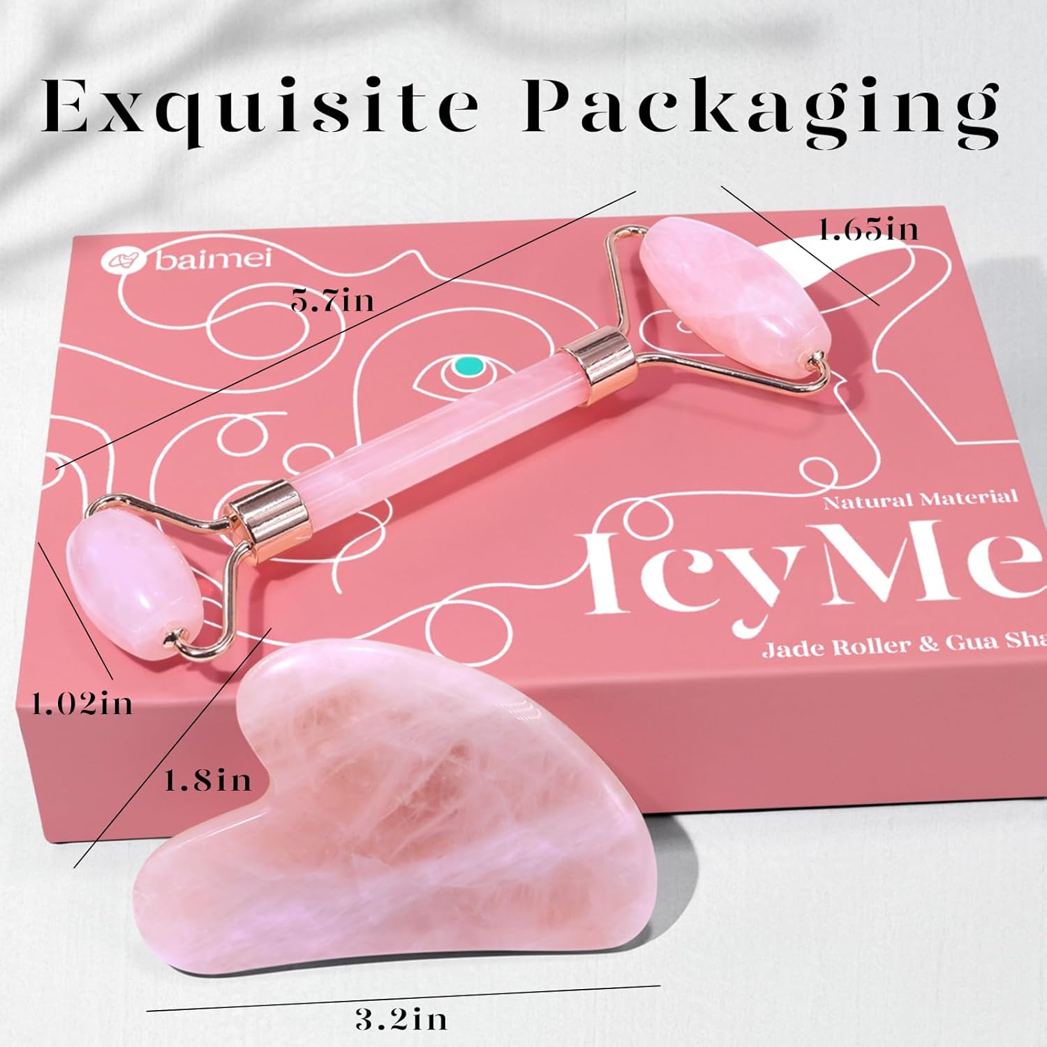 BAIMEI Gua Sha & Jade Roller,Gua Sha Stone, Guasha Tool face, Self Care Gift for Women and Men, Massager for Face, Eyes, Neck, Face Care, Christmas Day Gift - Rose Quartz-3