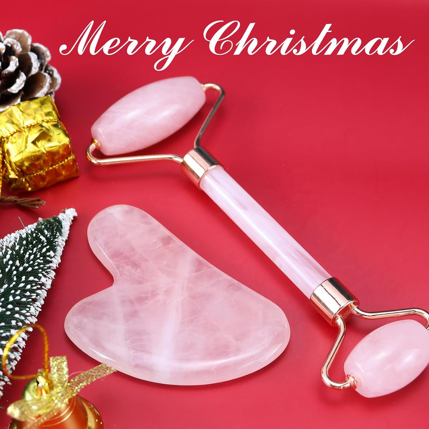 BAIMEI Gua Sha & Jade Roller,Gua Sha Stone, Guasha Tool face, Self Care Gift for Women and Men, Massager for Face, Eyes, Neck, Face Care, Christmas Day Gift - Rose Quartz-4