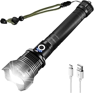 WholeFire 90000 Lumens Rechargeable LED Torch, Powerful Super Bright XHP70.2 Torch Light USB High Power Waterproof Flashlights Zoom, 3 Modes with Power Indicator for Camping, Emergency