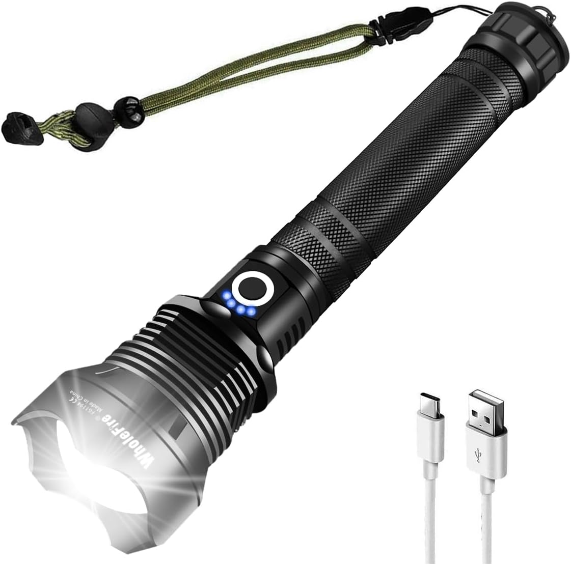 WholeFire 90000 Lumens Rechargeable LED Torch, Powerful Super Bright XHP70.2 Torch Light USB High Power Waterproof Flashlights Zoom, 3 Modes with Power Indicator for Camping, Emergency-0