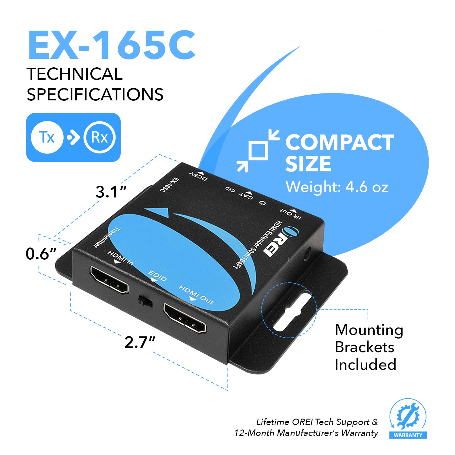 OREI 4K HDMI Extender over ethernet CAT5/CAT6/CAT7 Up To 165 Feet At 1080@60hz - HDMI 1.4 & HDCP 1.4 Compliant with One Way IR Pass Through, HDMI Loop Output & Power Over Cable-7