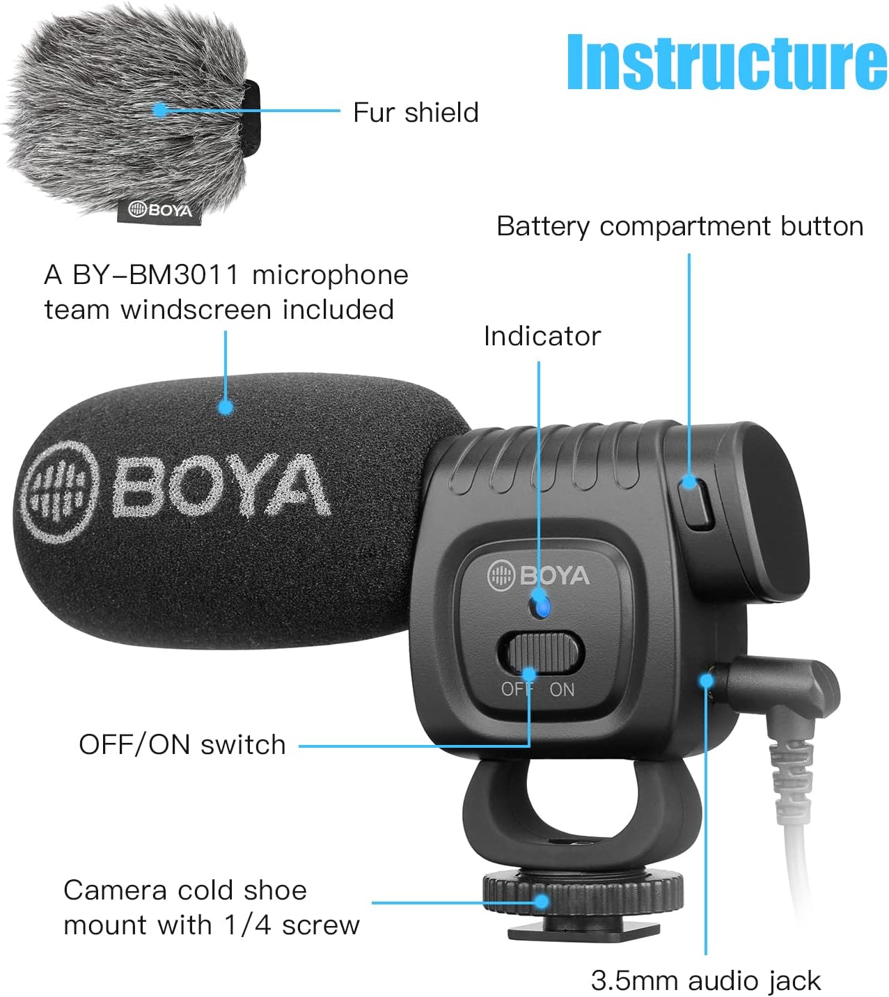 Boya BY-BM3011 Camera Microphone, Shotgun Microphone with Foam Shockproof Deadcat Windshield Super Cardioid Video Microphone for Cameras and Camcorders-4