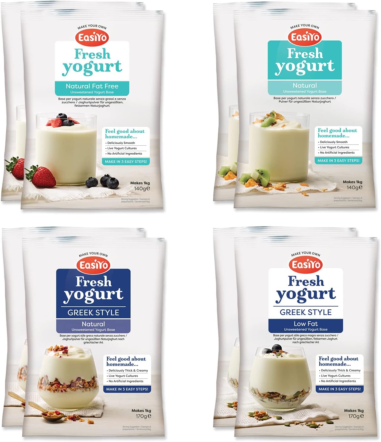 EasiYo Yogurt 8 Sachet Pack | EasiYo Wellbeing Mixed Pack | 2 x Greek Style Natural 2 x Low Fat Greek Style 2 x Natural 2 x Fat Free Natural | Each Sachet Makes 1kg of Yogurt-0