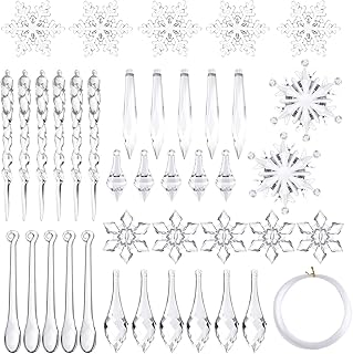 FEPITO 85 PCS Christmas Decoration Acrylic Snowflake Icicles Christmas Tree Icicle Snowflake with Crystal Line Ornaments Set for Christmas Party Decorations