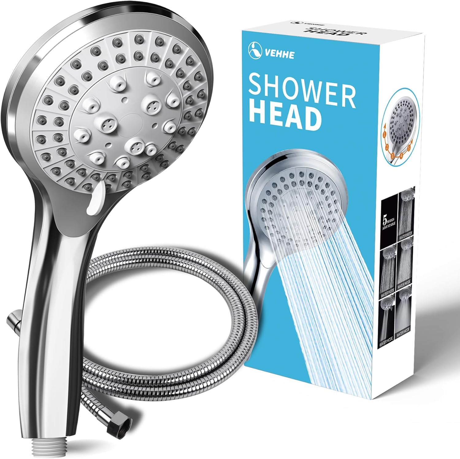 VEHHE Shower Head Powerful Flow with 1.5m Chrome Hose Pressure Boosting Shower Head Spray with 5 Modes Water Saving Bathing for Adults Children Pets Home and Gym Use-0