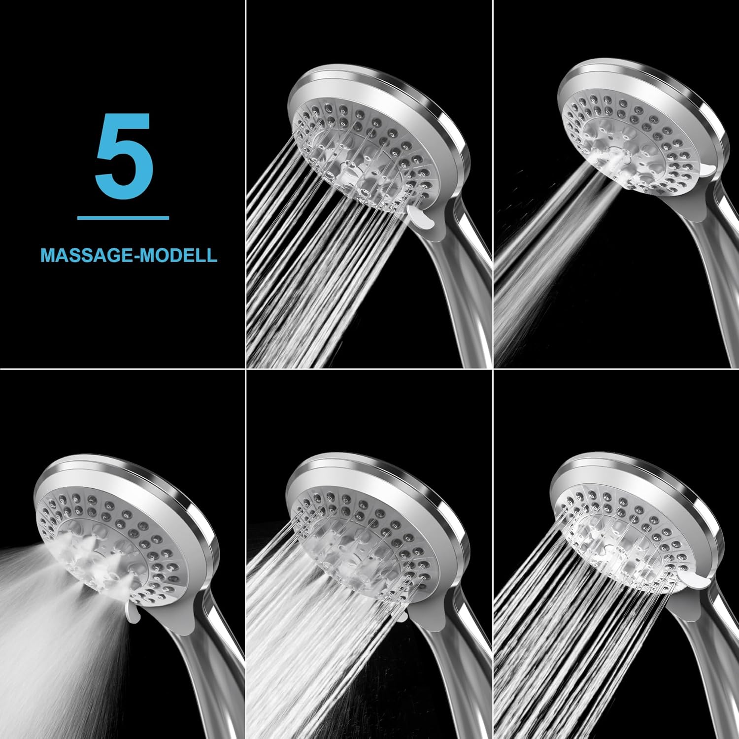 VEHHE Shower Head Powerful Flow with 1.5m Chrome Hose Pressure Boosting Shower Head Spray with 5 Modes Water Saving Bathing for Adults Children Pets Home and Gym Use-1