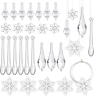 FEPITO 50 PCS Christmas Decoration Acrylic Icicles Snowflake Hanging Icicles Christmas Icicle Snowflake Ornaments Set for Christmas Decorations