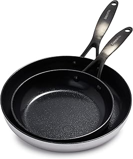 GreenPan Venice Pro Noir Tri-Ply Stainless Steel Healthy Ceramic Non-Stick 20 cm and 26 cm Frying Pan Skillet Set, Matte Black Handle, PFAS-Free, Induction, Oven Safe, Silver