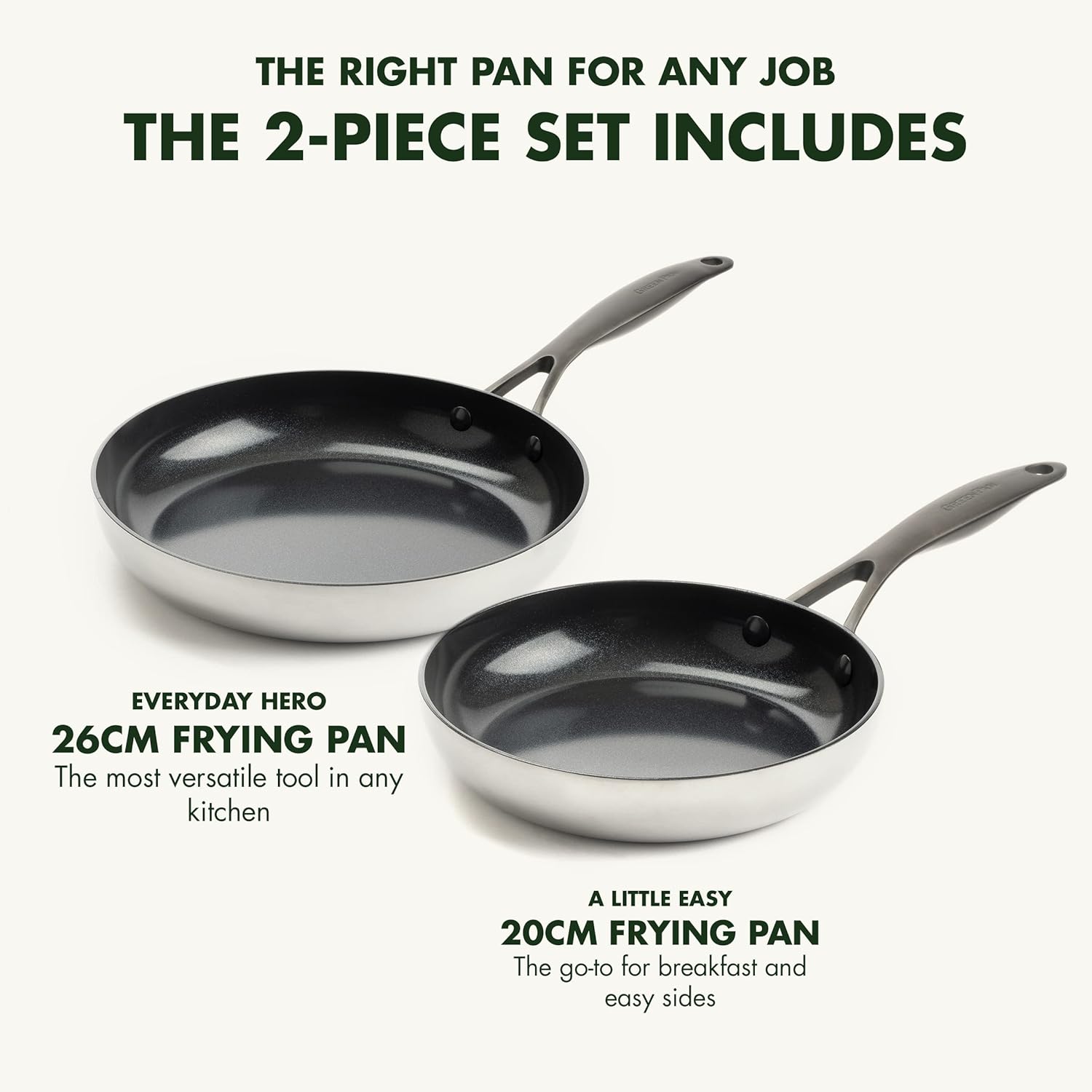 GreenPan Venice Pro Noir Tri-Ply Stainless Steel Healthy Ceramic Non-Stick 20 cm and 26 cm Frying Pan Skillet Set, Matte Black Handle, PFAS-Free, Induction, Oven Safe, Silver-4