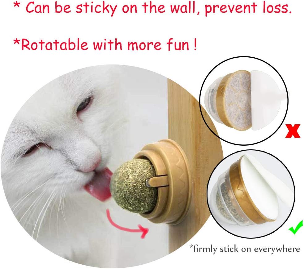 2 pcs Catnip Balls, Pure Natural Mint Leaf Rotating Interactive Cat Toys, Cat Removal Hairball Toys Can Be Sticky On Wall, Teeth Cleaning Catmint Toy for Cat, Kitten, Kitty Playing Chewing-1