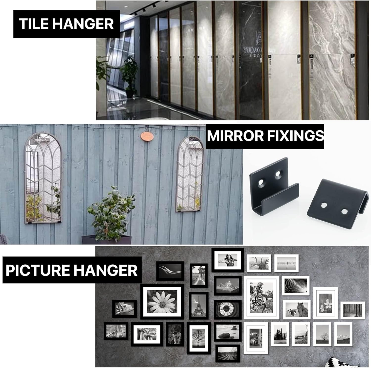 Sayayo Stainless Steel Picture Rail Hooks Picture Hanging Mirror Clips Mirror Fixings Hanging Kits Heavy Duty Ceramic Tile Display Bracket, Matte Black Finish, 4 PCS (15MM Inside Width)-2