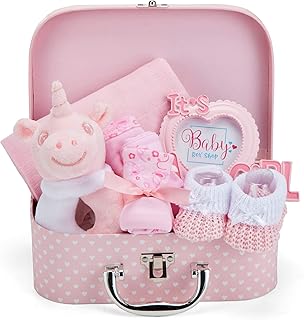 Baby Box Shop - 7 Newborn Baby Girl Gifts Ideal for Christening, Birthdays & Baby Shower Gifts - Includes Baby Essentials for Newborn Girl with Baby Rattle in Cute Keepsake Case, Baby Girl Hamper