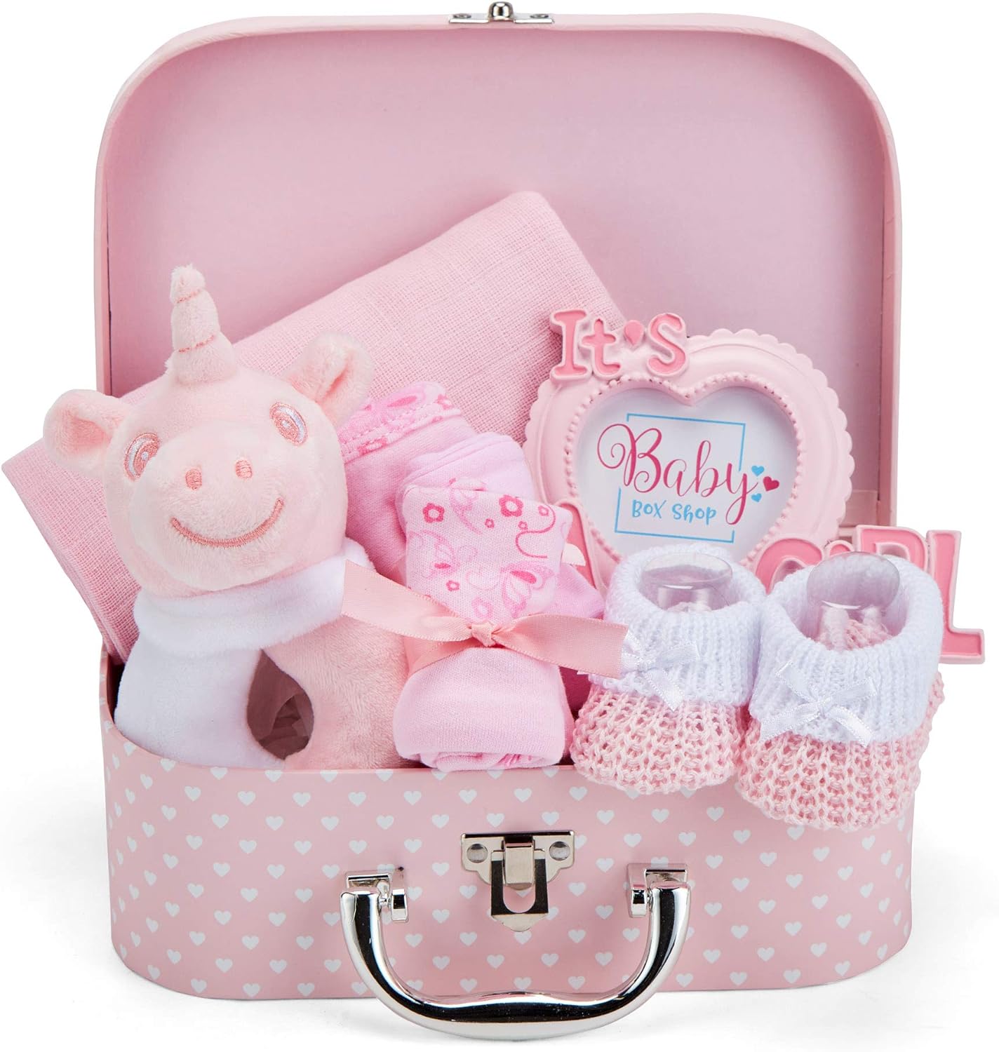 Baby Box Shop - 7 Newborn Baby Girl Gifts Ideal for Christening, Birthdays & Baby Shower Gifts - Includes Baby Essentials for Newborn Girl with Baby Rattle in Cute Keepsake Case, Baby Girl Hamper-0