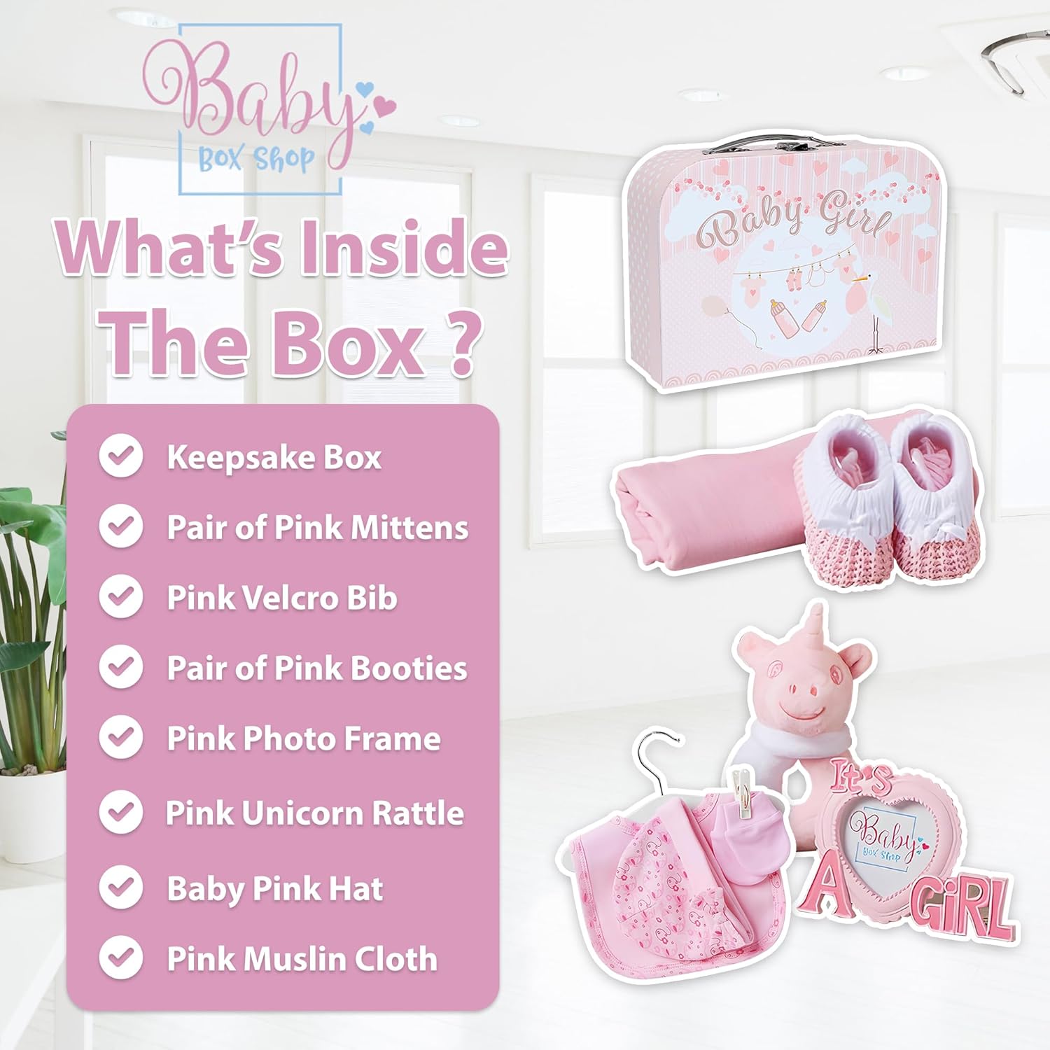 Baby Box Shop - 7 Newborn Baby Girl Gifts Ideal for Christening, Birthdays & Baby Shower Gifts - Includes Baby Essentials for Newborn Girl with Baby Rattle in Cute Keepsake Case, Baby Girl Hamper-3