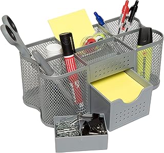 Amtido Desk Tidy Organiser Caddy, Office Supplies Holder, Pen, Pencil and Stationary Pot - Mesh Design - Silver