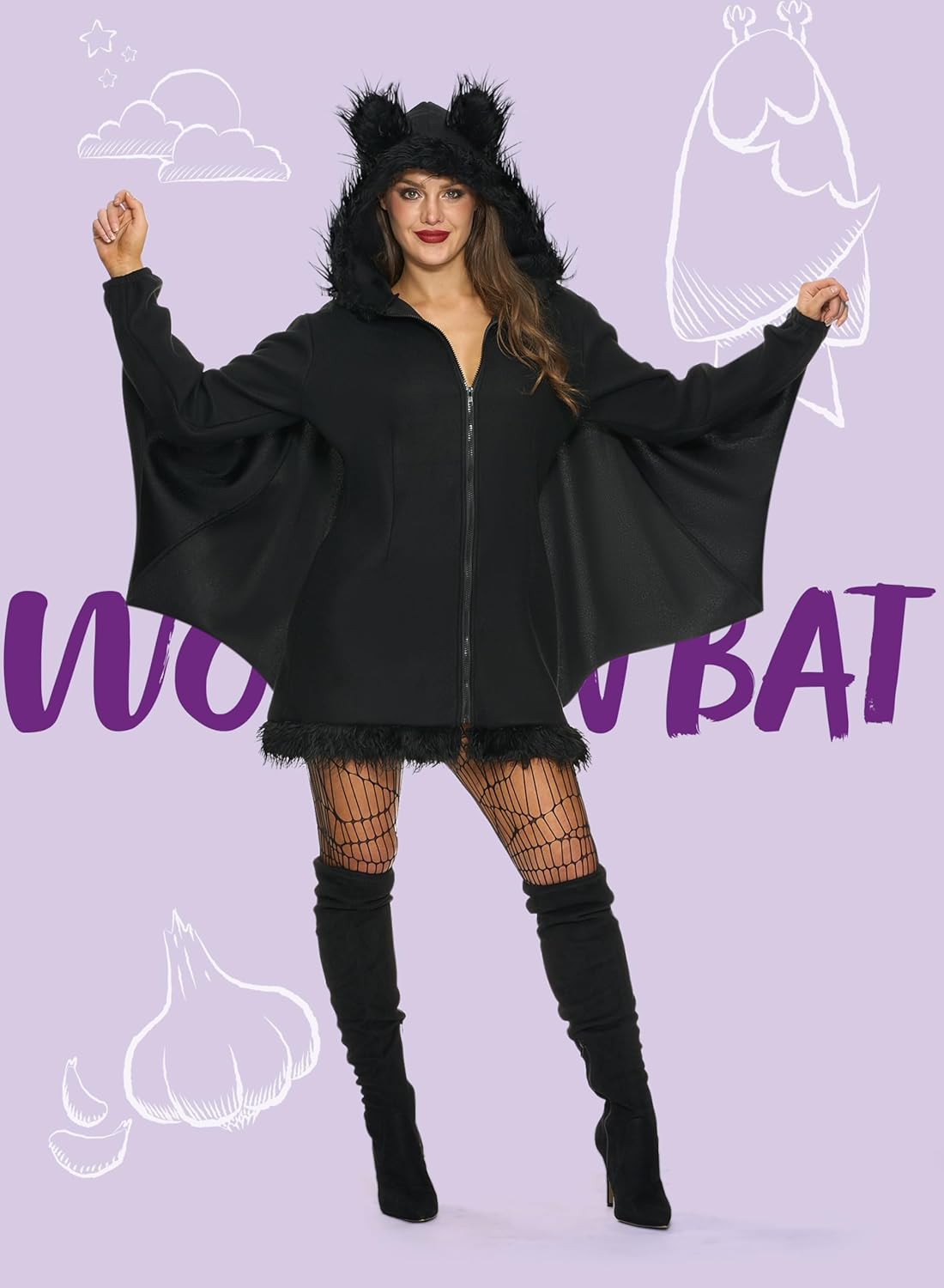 Spooktacular Creations Woman’s Black Bat Zip Hoodie Halloween Costumes for Adults-1