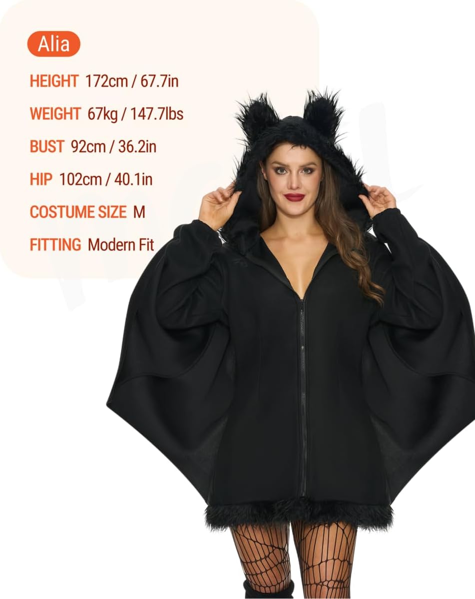 Spooktacular Creations Woman’s Black Bat Zip Hoodie Halloween Costumes for Adults-5