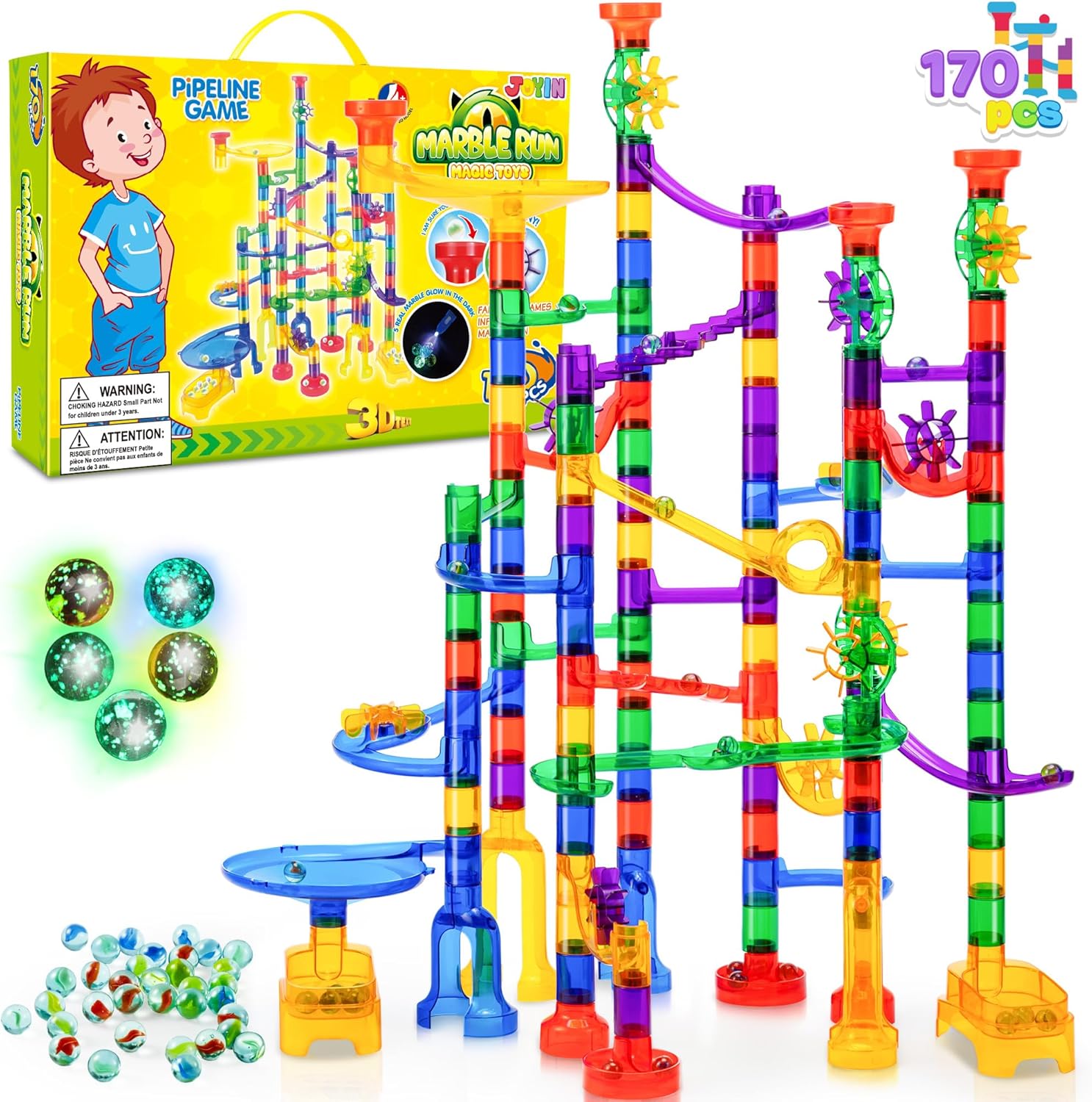 JOYIN 170Pcs Marble Run Premium Toy Set, Construction Building Blocks Toys, STEM Educational Building Block Toy(120 Plastic Pieces + 50 Glass Marbles)-0