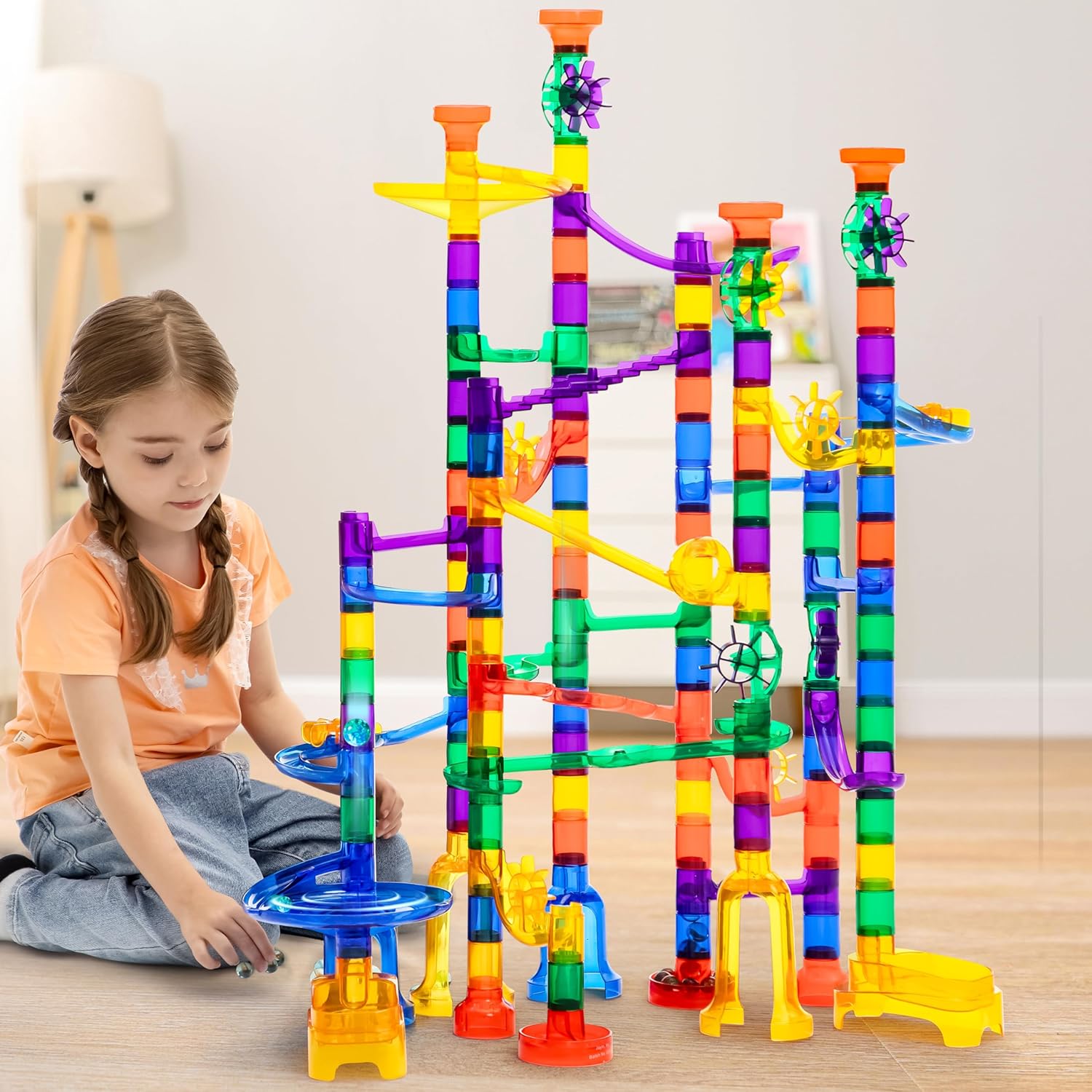 JOYIN 170Pcs Marble Run Premium Toy Set, Construction Building Blocks Toys, STEM Educational Building Block Toy(120 Plastic Pieces + 50 Glass Marbles)-5