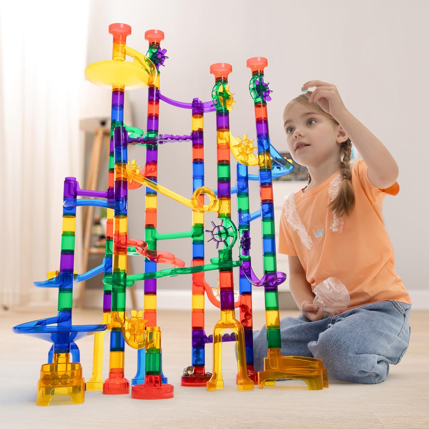 JOYIN 170Pcs Marble Run Premium Toy Set, Construction Building Blocks Toys, STEM Educational Building Block Toy(120 Plastic Pieces + 50 Glass Marbles)-7