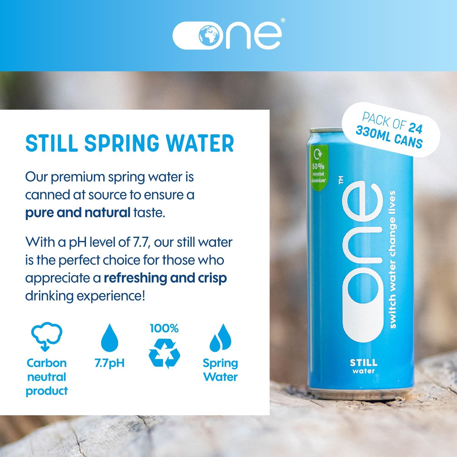 One Water Natural Still Spring Water 24 x 330ml Cans - Pure Refreshing 7.7pH Canned Water - 100% Recyclable & Sustainable Can - Plastic Free - Bulk Pack-1