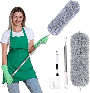 Vicloon Feather Duster Extendable, 100 Inches Microfiber Duster Cleaning Steel Telescopic Duster Feather Duster with Bendable and Window Slot Cleaning Brush Hand for Cleaning Ceiling Fans, Cars…